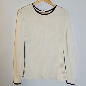 Talbots Sweater white textured front sweater with blue collar and sleeve trim S